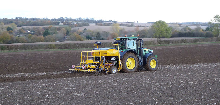 The new Claydon Hybrid M4RF rigid 4m seed and fertiliser drill in action.