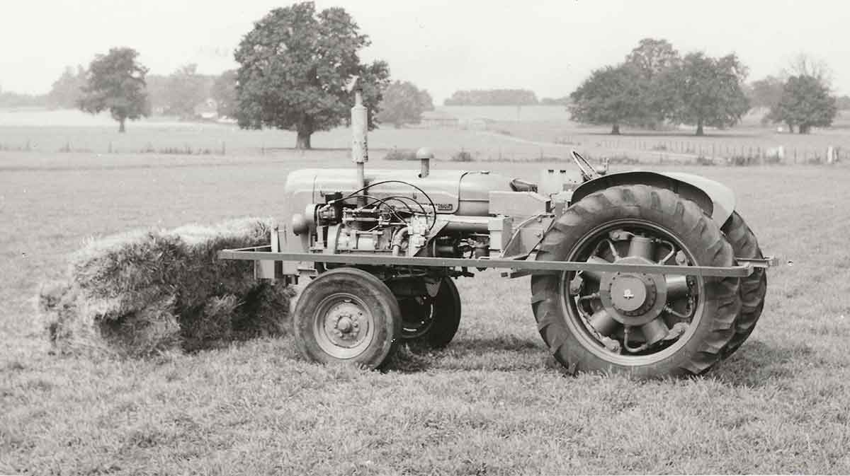 The NIAE used straw bales to demonstrate the emergency stop device on their Fordson version of the driverless tractor