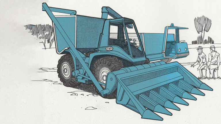 Whatever happened to… the USS Vantage Tractor? A picture from the Vantage brochure showing a harvester attachment using the rear and side PTOs