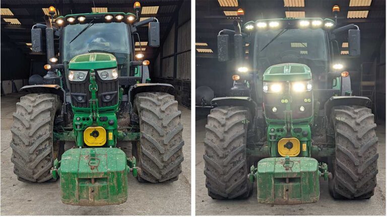 Two tractors, one with LED lights and one with halogen