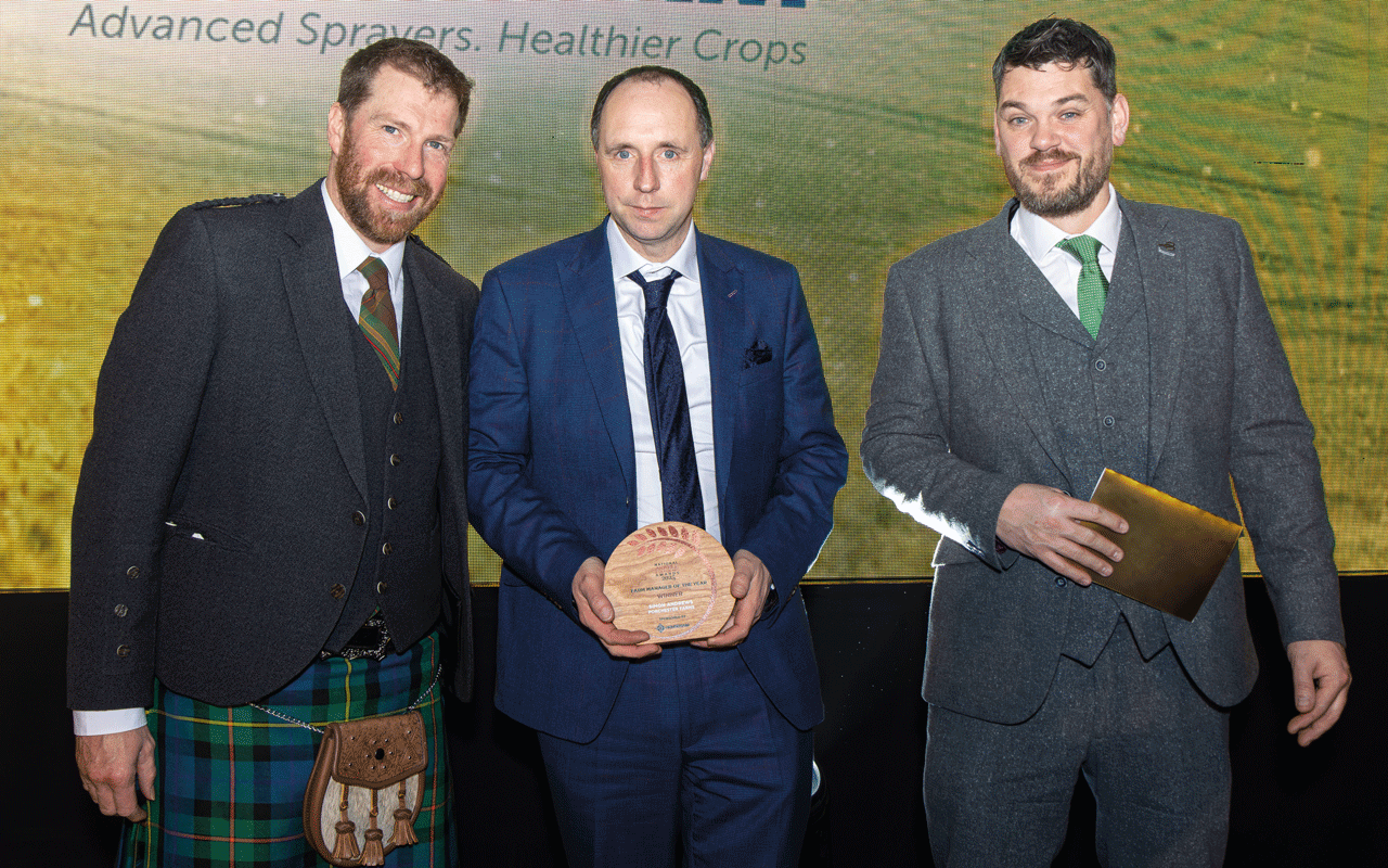 National Arable and Grassland Awards host Jim Smith with SimonAndrews and Househam’s Nick Snowden